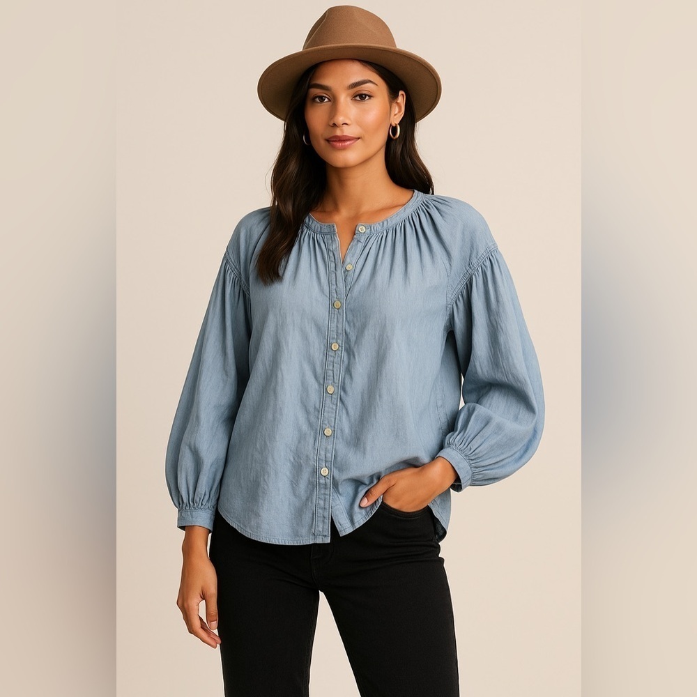 We The Free Womens Light Blue Button-Up Oversized Balloon Sleeve Small D76